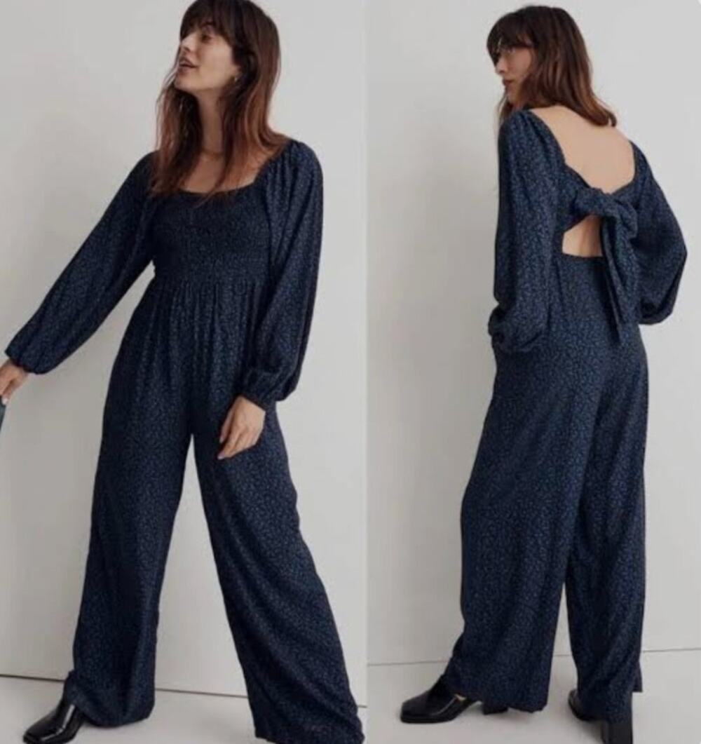 Madewell Lucie Tie Back Smocked Wide Leg Blue Floral Ankle Jumpsuit Size 6